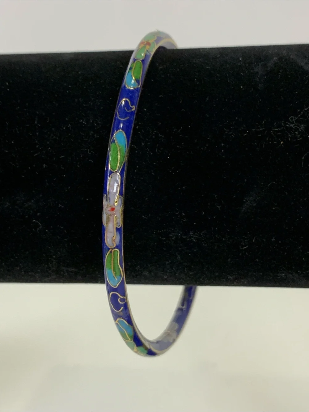 Vintage Cloisonné Bangle Bracelet Blue Floral